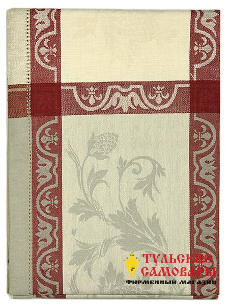 Скатерть бежевая с красным узором, 150х150, арт. 122 фото 1 — Samovars.ru