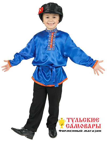 Детская косоворотка для мальчика атласная синяя на возраст 1-6 лет фото 1 — Samovars.ru