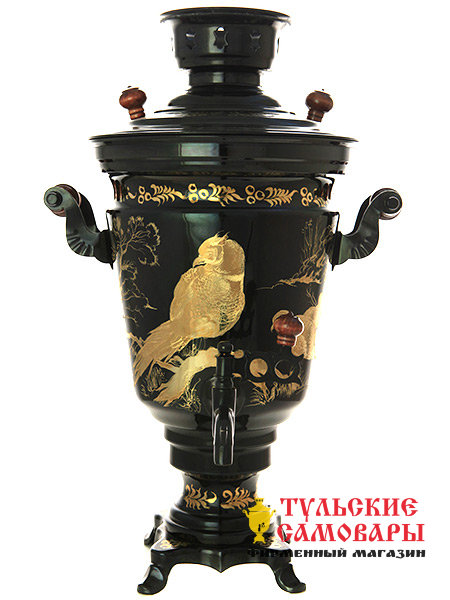 Электрический самовар 4 литра c ручной гравировкой "Птица" (черный никель) фото 1 — Samovars.ru